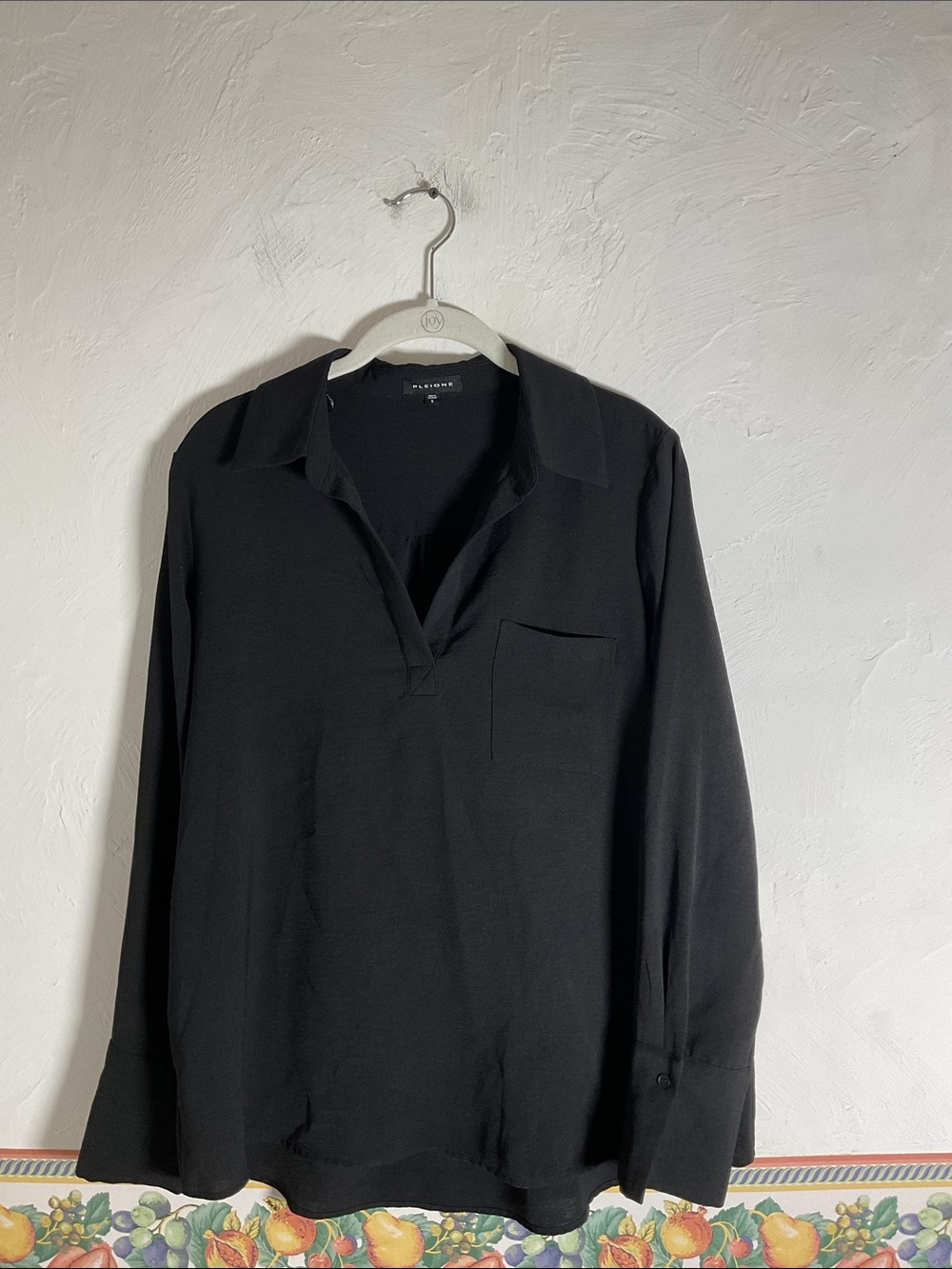 Pleione Black Long Sleeve Split V Neck Tunic Blouse Size S